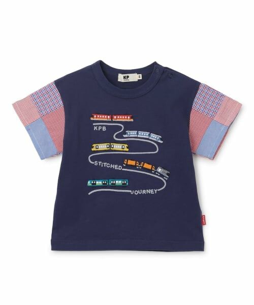 KP / ケーピー Tシャツ | 電車モチーフ パッチワーク袖 Tシャツ（紺）