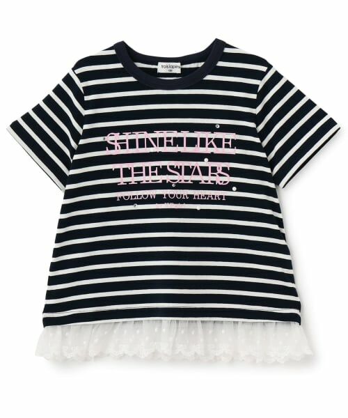 KP / ケーピー Tシャツ | 裾レース パールモチーフ Tシャツ(紺)