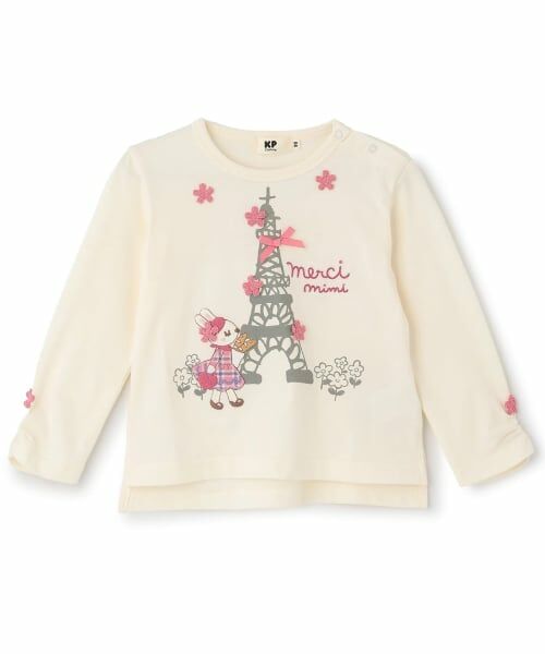 KP / ケーピー Tシャツ | mimiちゃんチェックアップリケ長袖Tシャツ(オフ ホワイト)