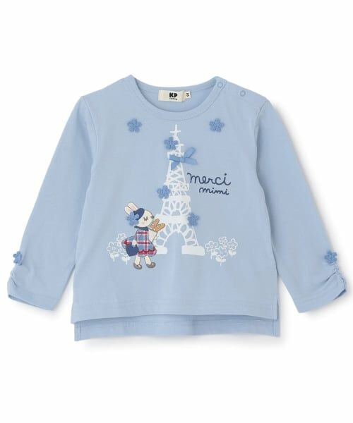 KP / ケーピー Tシャツ | mimiちゃんチェックアップリケ長袖Tシャツ(サックス)