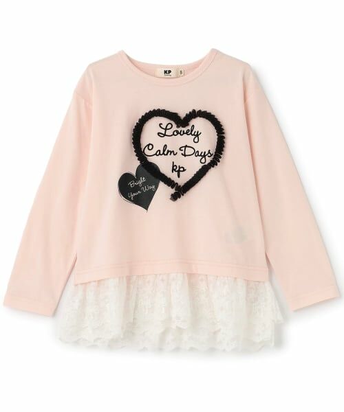 KP / ケーピー Tシャツ | 裾レース付きフリルハートモチーフトップス(ピンク)