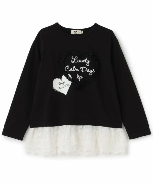 KP / ケーピー Tシャツ | 裾レース付きフリルハートモチーフトップス(黒)