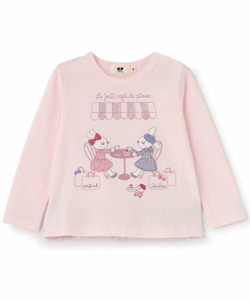 KP / ケーピー Tシャツ | mimiちゃんアップリケ シアーツイードフリル 長袖Tシャツ(ピンク)