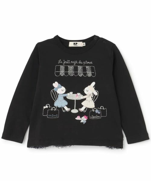 KP / ケーピー Tシャツ | mimiちゃんアップリケ シアーツイードフリル 長袖Tシャツ(黒)