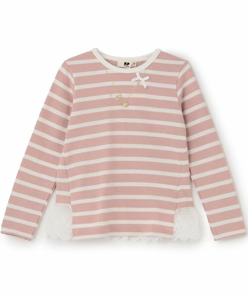 KP / ケーピー Tシャツ | ボーダー後ろ裾フリル長袖Ｔシャツ（ピンク）