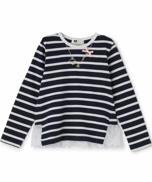 KP / ケーピー Tシャツ | ボーダー後ろ裾フリル長袖Tシャツ(紺)