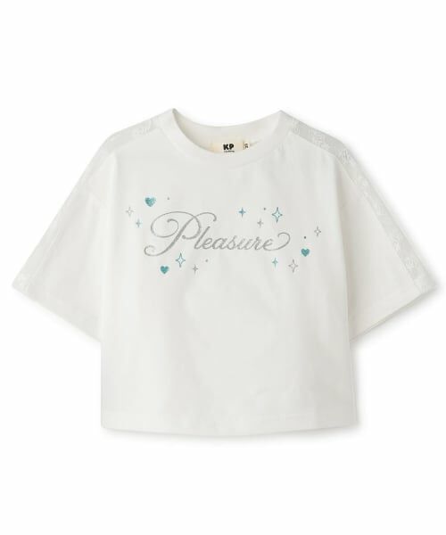 KP / ケーピー Tシャツ | 【吸水速乾】 袖レース ラメロゴ 5分袖Tシャツ(生成)