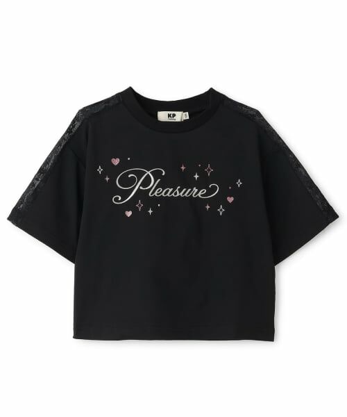KP / ケーピー Tシャツ | 【吸水速乾】 袖レース ラメロゴ 5分袖Tシャツ(黒)