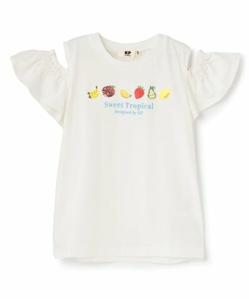 KP / ケーピー Tシャツ | フルーツスパンコール 肩あきTシャツ(オフ ホワイト)