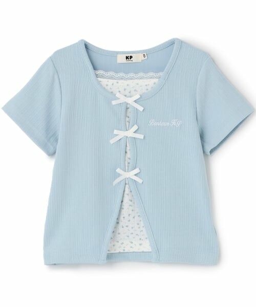 KP / ケーピー Tシャツ | カーディガンレイヤード風 半袖Ｔシャツ（サックス）