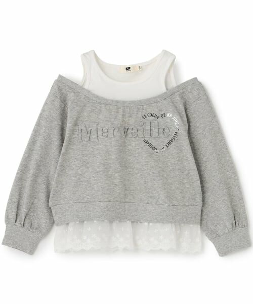 KP / ケーピー Tシャツ | レイヤード風 肩あき 長袖Tシャツ（トップ グレー）