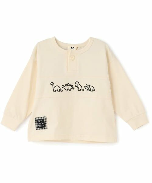 KP / ケーピー Tシャツ | 恐竜刺しゅう ヘンリーネック長袖Tシャツ(オフ ホワイト)