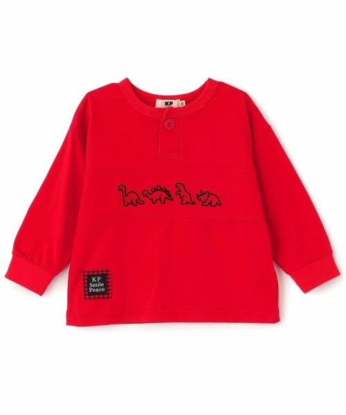 KP / ケーピー Tシャツ | 恐竜刺しゅう ヘンリーネック長袖Tシャツ(赤)