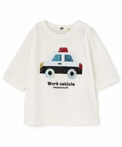 KP / ケーピー Tシャツ | 色が変わる 働く車 スパンコール 7分袖Tシャツ（オフ ホワイト）