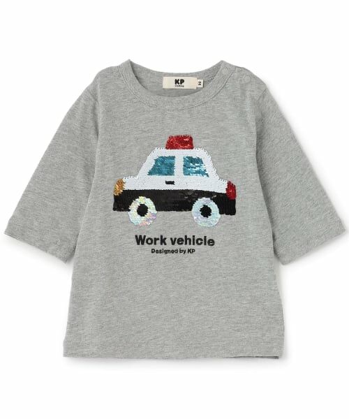 KP / ケーピー Tシャツ | 色が変わる 働く車 スパンコール 7分袖Tシャツ（ミディアム グレー）