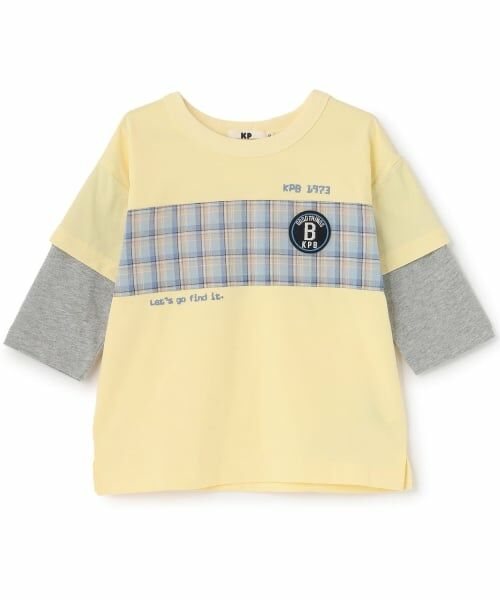 KP / ケーピー Tシャツ | 【吸水速乾】先染チェック 重ね着風 7分袖Tシャツ(黄)