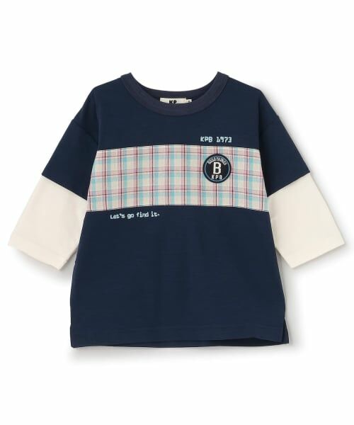 KP / ケーピー Tシャツ | 【吸水速乾】先染チェック 重ね着風 7分袖Tシャツ(紺)