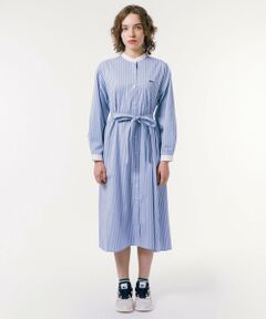 ストライプ マキシ丈 バンドカラーシャツドレス