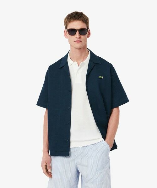 LACOSTE/ラコステ ワッフルニットオープンカラーシャツ ダークブルー 40(日本サイズL) LACOSTE/ラコステ ワッフルニットオープンカラーシャツ ダークブルー 40(日本サイズL)