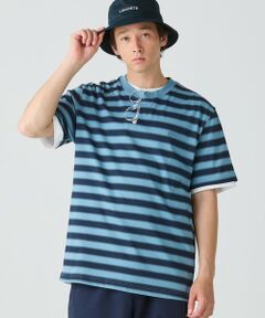 メンズ上下セット　ワッペンラガーシャツ＜ボーダー＞ブルー☓マスタード　高島屋 KPBOY ワッペン付き太ボーダー長袖ラガーシャツ(90～140)(90cm