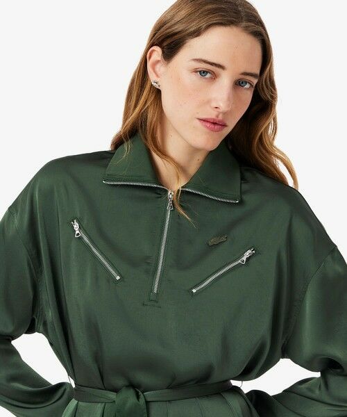 LACOSTE / ラコステ ミニ丈・ひざ丈ワンピース | サイドスリット シャイニーツイルロングドレス ハーフジップワンピース | 詳細1