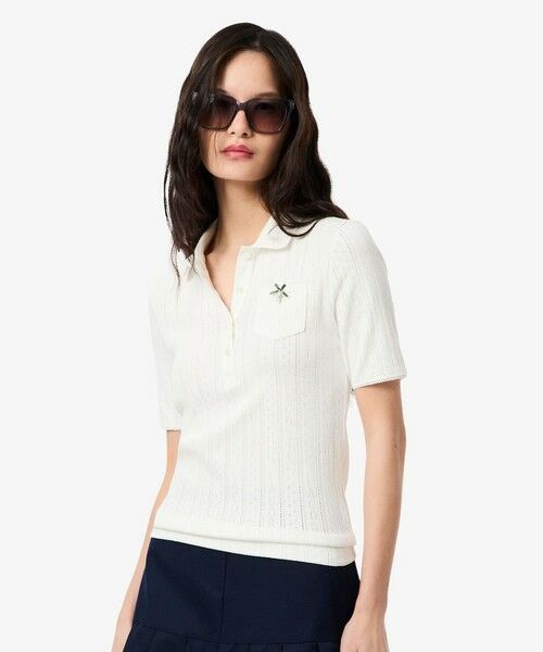 LACOSTE/ラコステ レース調 リボン付き ポインテルニット 半袖ポロシャツ ホワイト 38(L) LACOSTE/ラコステ レース調 リボン付き ポインテルニット 半袖ポロシャツ ホワイト 38(L)