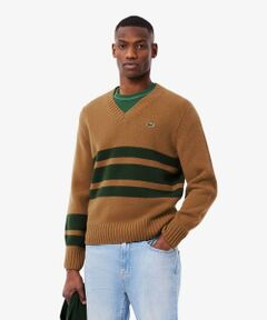 LACOSTE / ラコステ ニット・セーター | アシンメトリーボーダーVネック ウールニットセーター