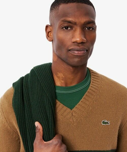 LACOSTE / ラコステ ニット・セーター | アシンメトリーボーダーVネック ウールニットセーター | 詳細1