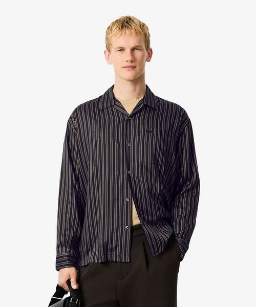 LACOSTE/ラコステ マルチストライプオープンカラーシャツ ネイビー 38(日本サイズS)