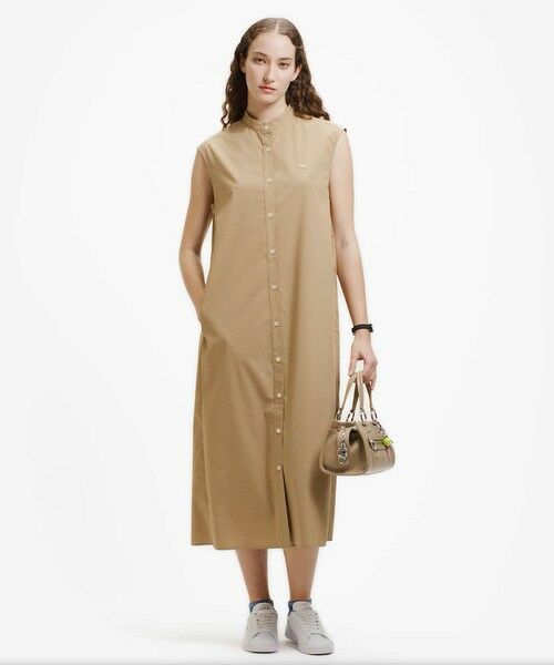 LACOSTE / ラコステ ミニ丈・ひざ丈ワンピース | Aラインノースリーブシャツドレス / ミモレ丈シャツワンピース（ベージュ）