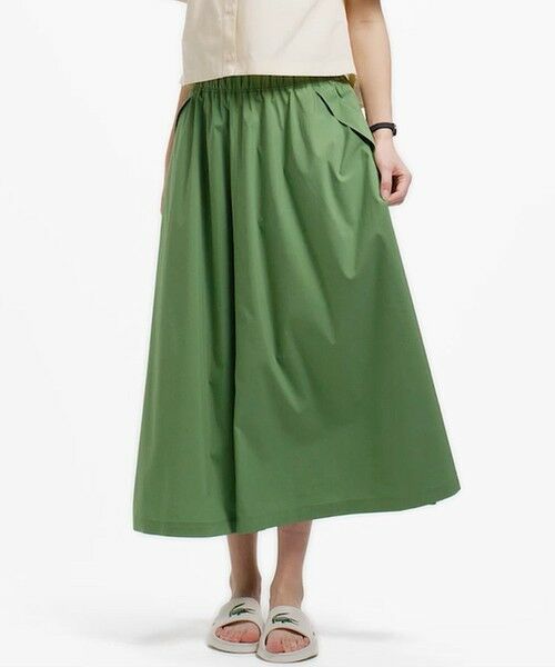 LACOSTE / ラコステ ミニ・ひざ丈スカート | ストレッチタイプライター ギャザー フレアスカート マキシ丈（ライトグリーン）