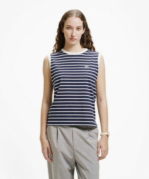 LACOSTE / ラコステ Tシャツ | ノースリーブボーダーTシャツ(ネイビー)