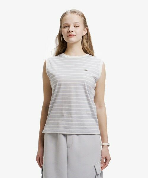 LACOSTE / ラコステ Tシャツ | ノースリーブボーダーTシャツ(ライトグレー)