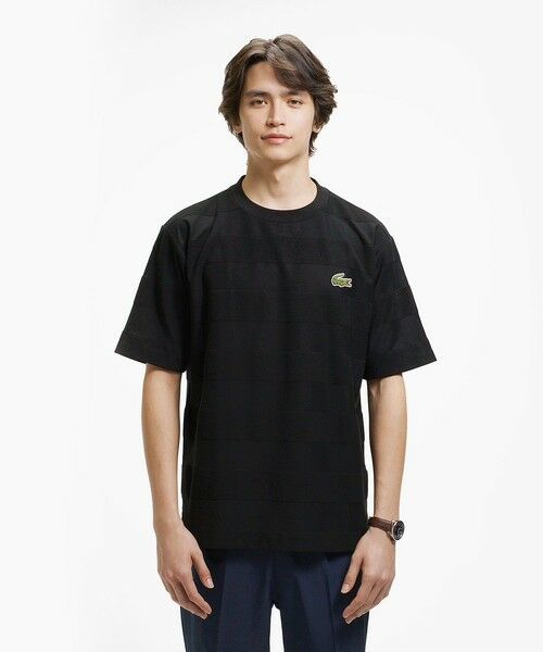 LACOSTE / ラコステ Tシャツ | オーバーサイズ パイル地切り替え同色ボーダーTシャツ(ブラック)