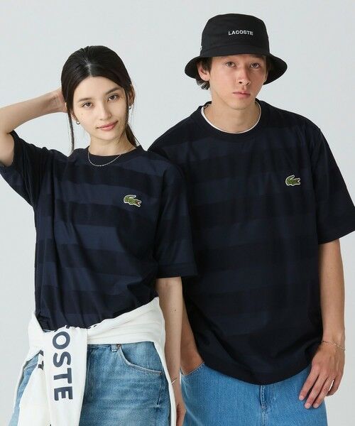 LACOSTE / ラコステ Tシャツ | オーバーサイズ パイル地切り替え同色ボーダーTシャツ(ネイビー)