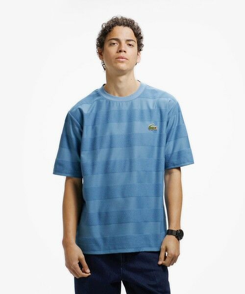 LACOSTE / ラコステ Tシャツ | オーバーサイズ パイル地切り替え同色ボーダーTシャツ(グレイッシュブルー)