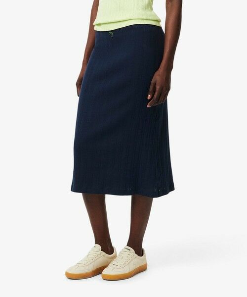 LACOSTE / ラコステ ミニ・ひざ丈スカート | ブランドネームロゴレースモチーフ透かし編みニットミディスカート（ネイビー）