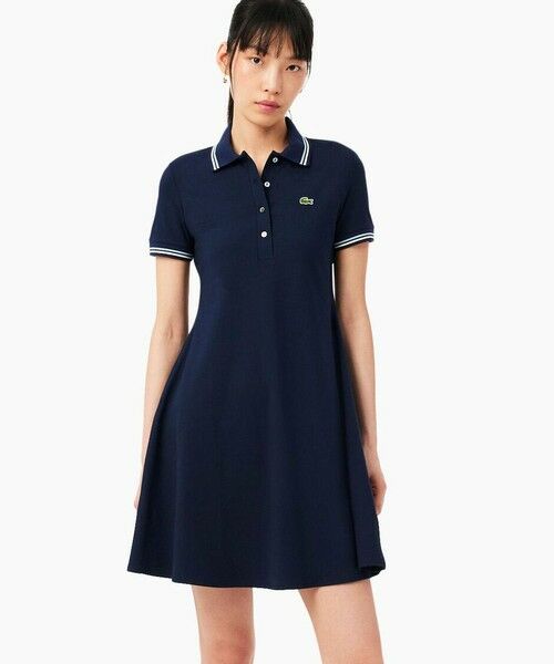 LACOSTE / ラコステ ミニ丈・ひざ丈ワンピース | 配色ライン レーヨンブレンドポロドレス / フレアワンピース（ネイビー）