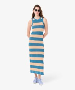 LACOSTE / ラコステ ミニ丈・ひざ丈ワンピース | ストライプメッシュニットノースリーブドレス / ロングワンピース