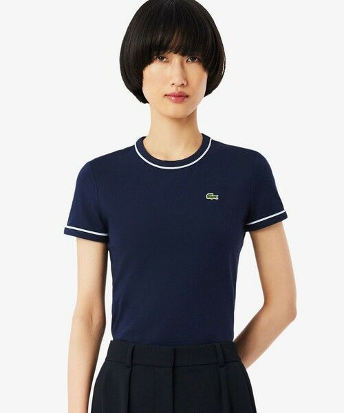LACOSTE / ラコステ Tシャツ | レーヨンブレンドトリム 配色ライン半袖Tシャツ（ネイビー）