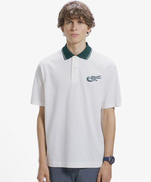 LACOSTE / ラコステ ポロシャツ | ワニロゴグラフィックボーダーポロシャツ(オフホワイト)