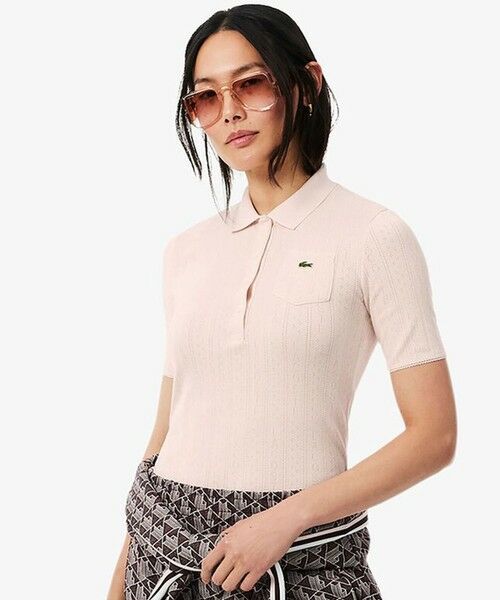 LACOSTE / ラコステ ポロシャツ | 透かし編みブランドネームロゴニットポロシャツ（ライトピンク）