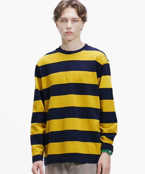 LACOSTE / ラコステ Tシャツ | テクスチャーロゴ ボーダーロングスリーブTシャツ(イエロー)