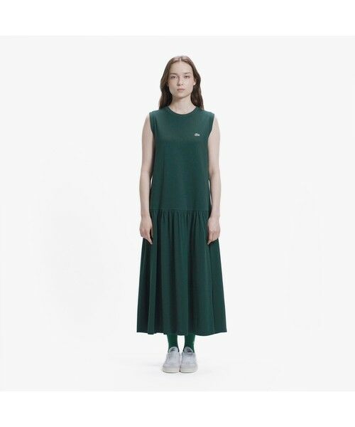 LACOSTE / ラコステ ミニ丈・ひざ丈ワンピース | ローウエストノースリーブ鹿の子ドレス(ダークグリーン)