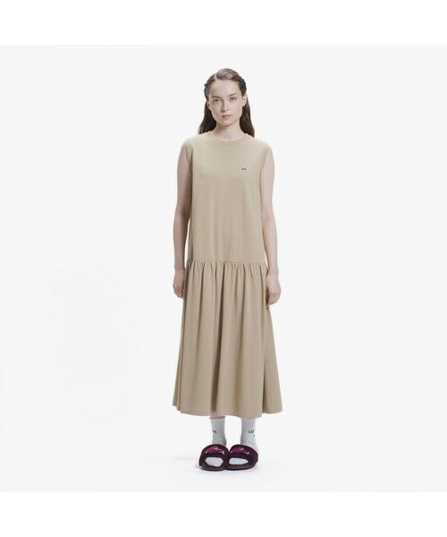 LACOSTE / ラコステ ミニ丈・ひざ丈ワンピース | ローウエストノースリーブ鹿の子ドレス(ベージュ)