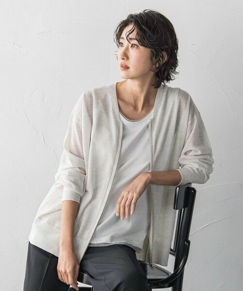 la.f...(大きいサイズ) / ラ・エフ(おおきいサイズ) カーディガン・ボレロ | 【大きいサイズ】シアーシャイニーニットブルゾン（ベージュ）