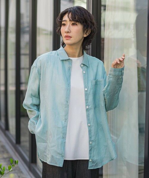 la.f...(大きいサイズ) / ラ・エフ(おおきいサイズ) テーラードジャケット | 【大きいサイズ】シアーラミーシャツ（グリーン）