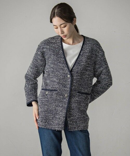 la.f./ラ・エフ 【biyori】"ストレスフリーな着心地"ツイードジャージカーディガン&#8810;洗濯機で洗える&#8811; ダークネイビー 9号
