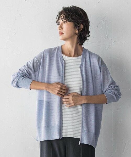 la.f... / ラ・エフ カーディガン・ボレロ | シアーシャイニーニットブルゾン（ライトブルー）