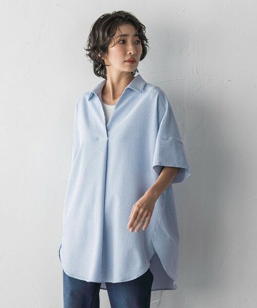 la.f... / ラ・エフ シャツ・ブラウス | 【WEB限定】ストライプサッカーチュニックシャツ（ブルー系その他）